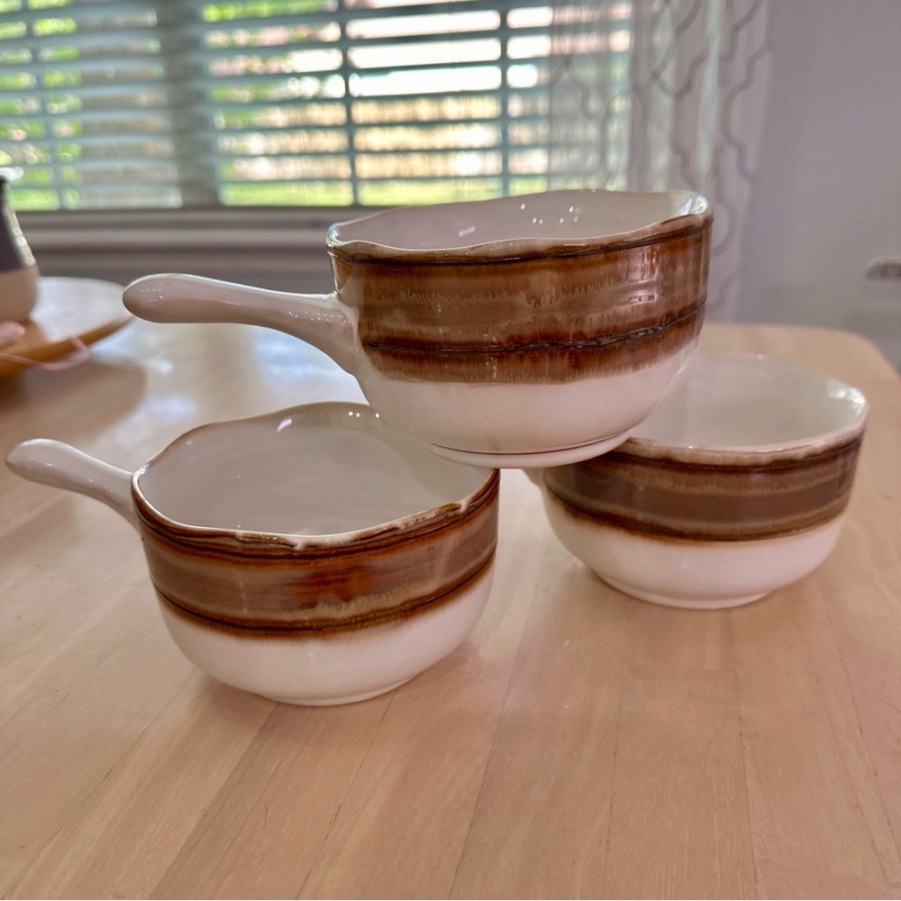 3 Sango WAVES BROWN Onion Soup Bowls Stick Stoneware Handles Vintage Discontinue
